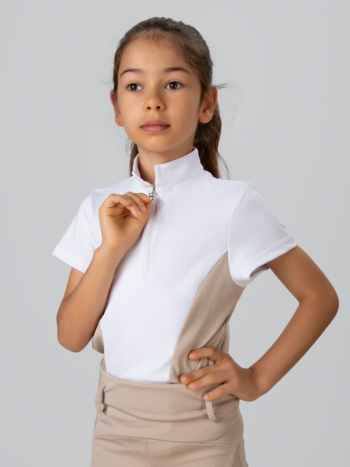 Çocuk Binici ve Turnuva Tişörtü Dik yaka Beyaz-bej renk