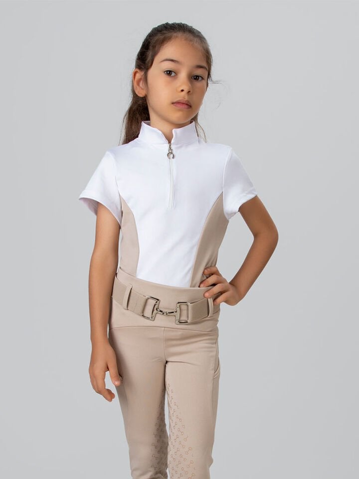 Çocuk Binici ve Turnuva Tişörtü Dik yaka Beyaz-bej renk