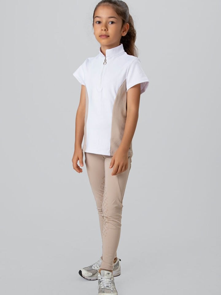 Çocuk Binici ve Turnuva Tişörtü Dik yaka Beyaz-bej renk